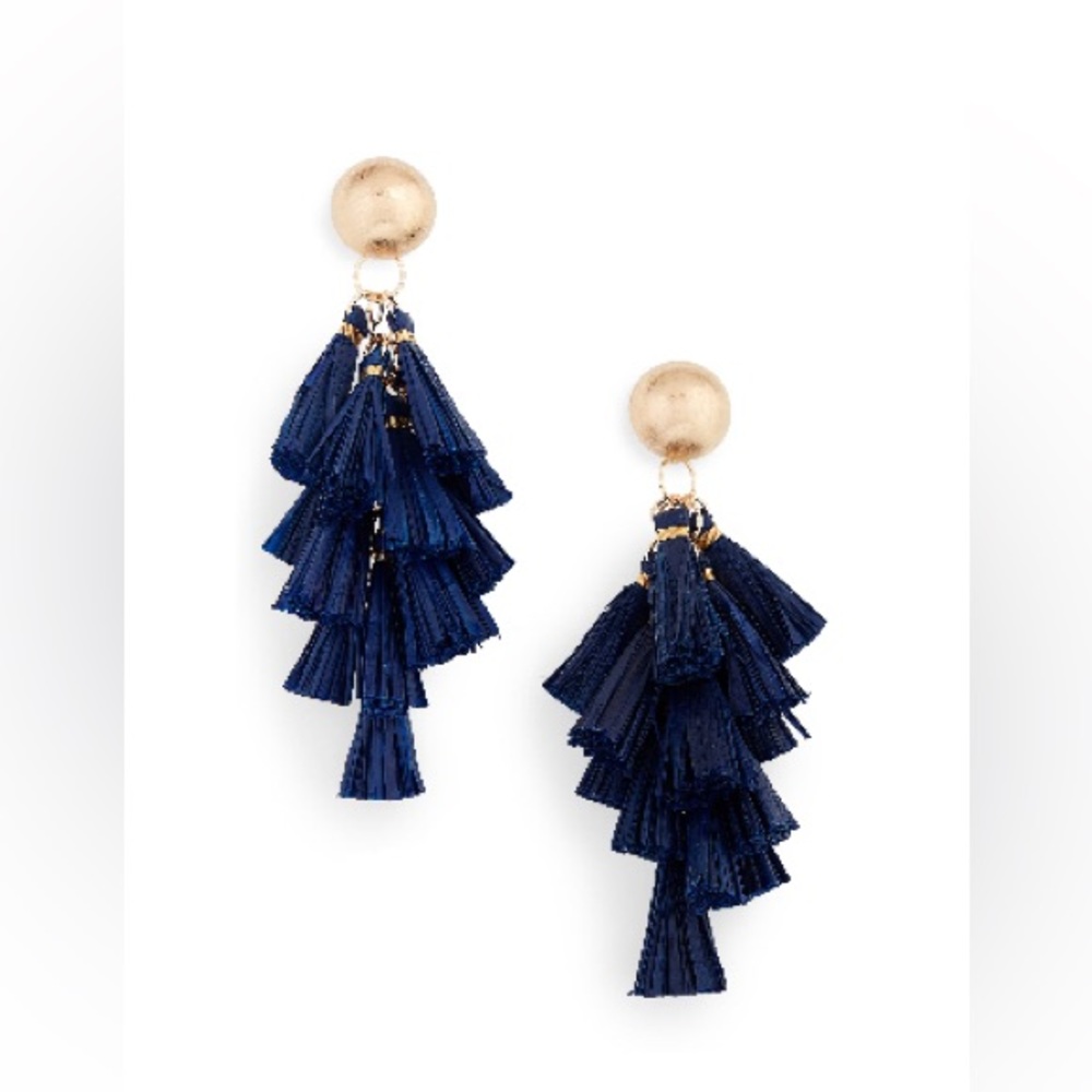 Akola Raffia Tassel Cluster Drop Earrings Navy Blue